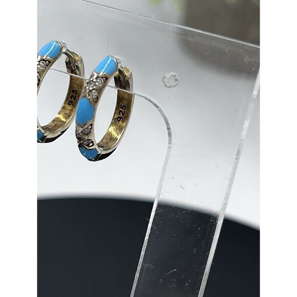 Blue Turquoise Pave Crystal CZ Gold Vermeil 925 Small Huggie Hoops‎ - Picture 14 of 15